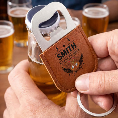 Play Hard Rock Harder Live Loud With Electric Guitars And Wings - Personalized Leather Bottle Opener Keychain - DAD742_LEBOK