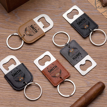 Play Hard Rock Harder Live Loud With Electric Guitars And Wings - Personalized Leather Bottle Opener Keychain - DAD742_LEBOK