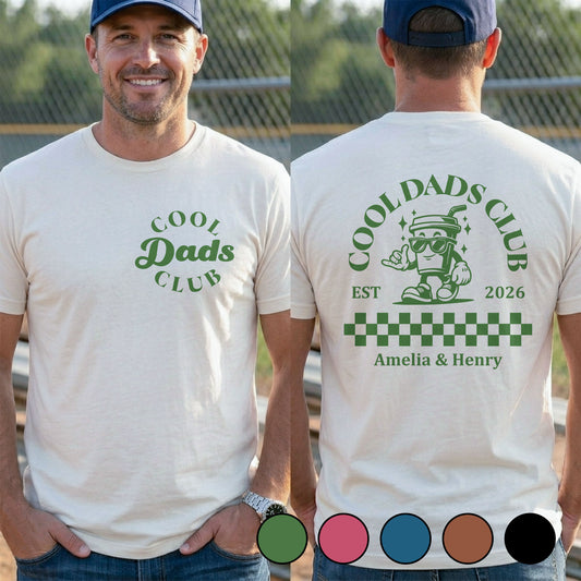 Cool Dads Club Retro Coffee Character and Checkered Pattern - Personalized Custom T-Shirt Font and Back - DAD775_WFBAS
