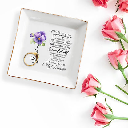 To My Daughter Love And Protect Pansy Flower Dish - Personalized Custom Jewelry Dish - DAU017_SCRD