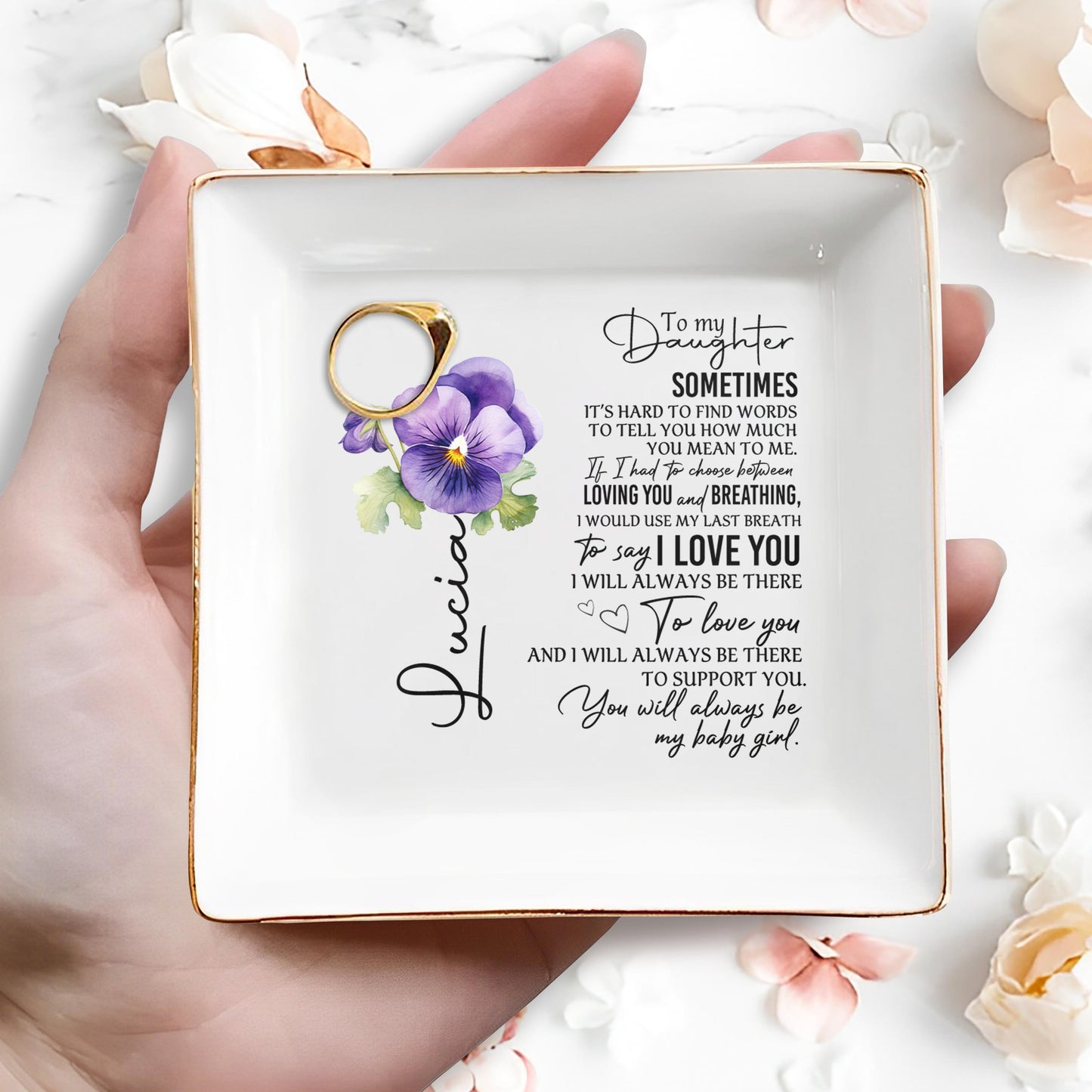 Love You Always My Baby Girl Pansy Jewelry Dish - Personalized Custom Jewelry Dish - DAU021_SCRD