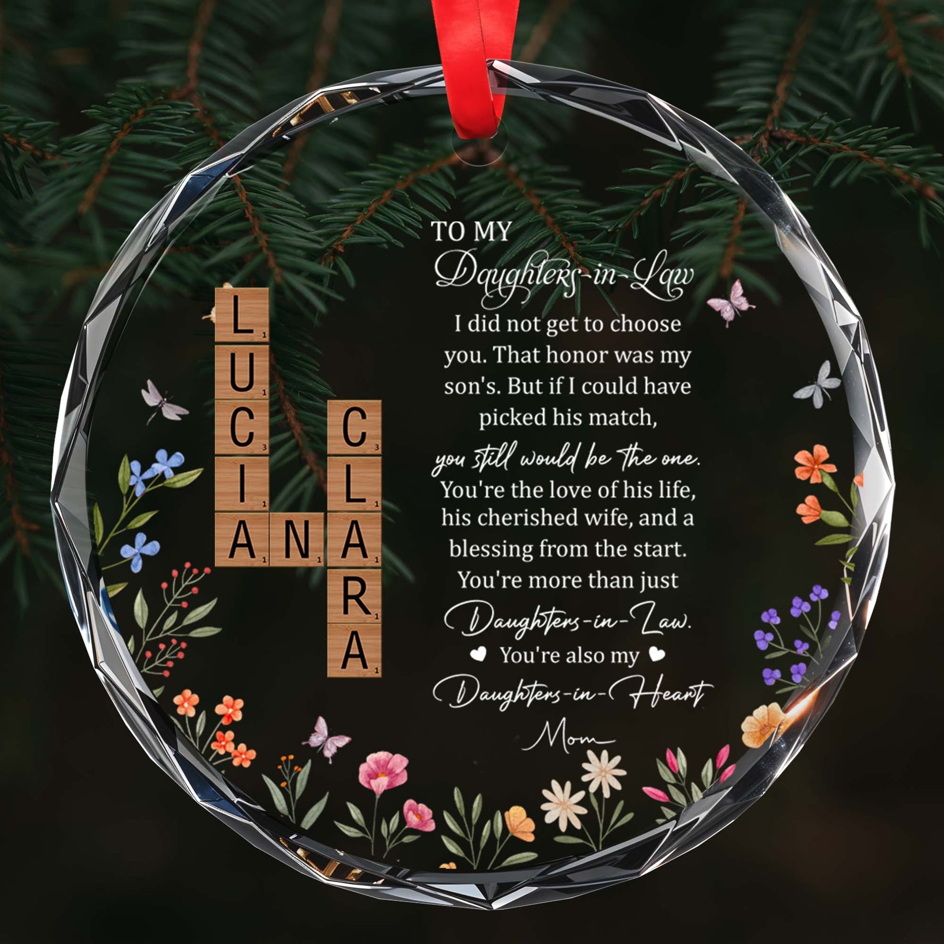 To My Daughter-In-Law Cherished Wife And Blessing Heart Glass Ornament