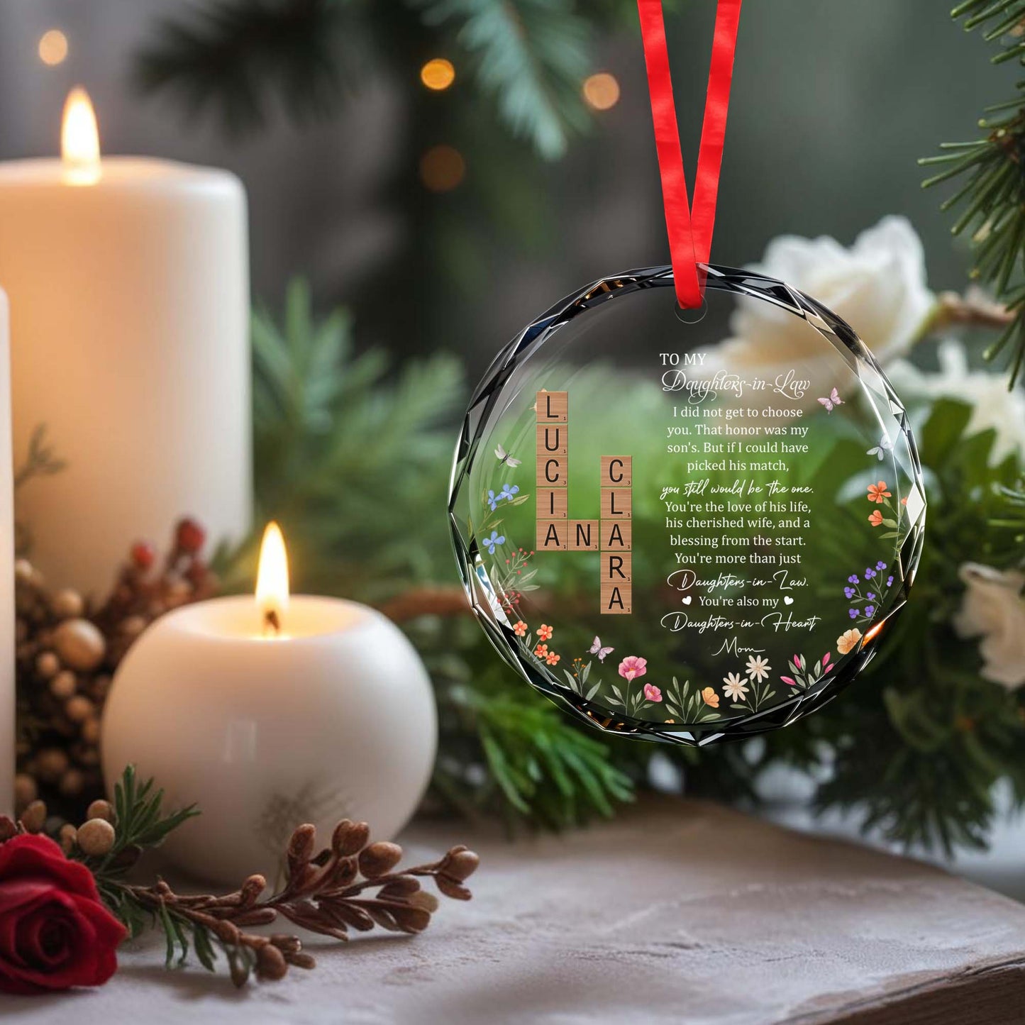 To My Daughter-In-Law Cherished Wife And Blessing Heart Glass Ornament