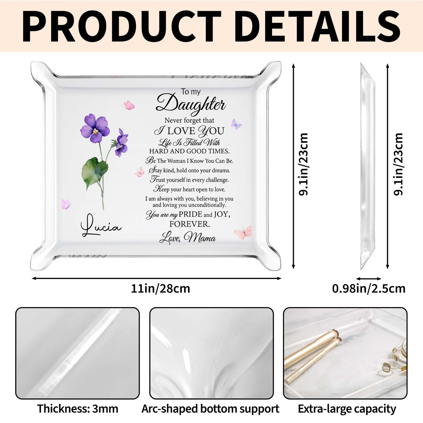 To My Daughter, I Love You Flower - Custom Rectangle Acrylic Tray - DAU092_ATRAY