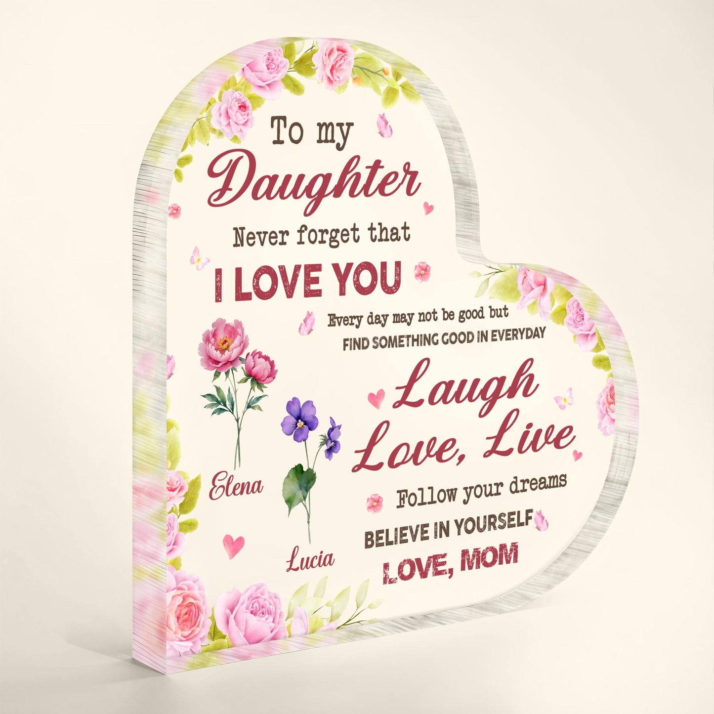 Love You Daughter, Laugh Love Live Believe, Heart Shaped Plaque