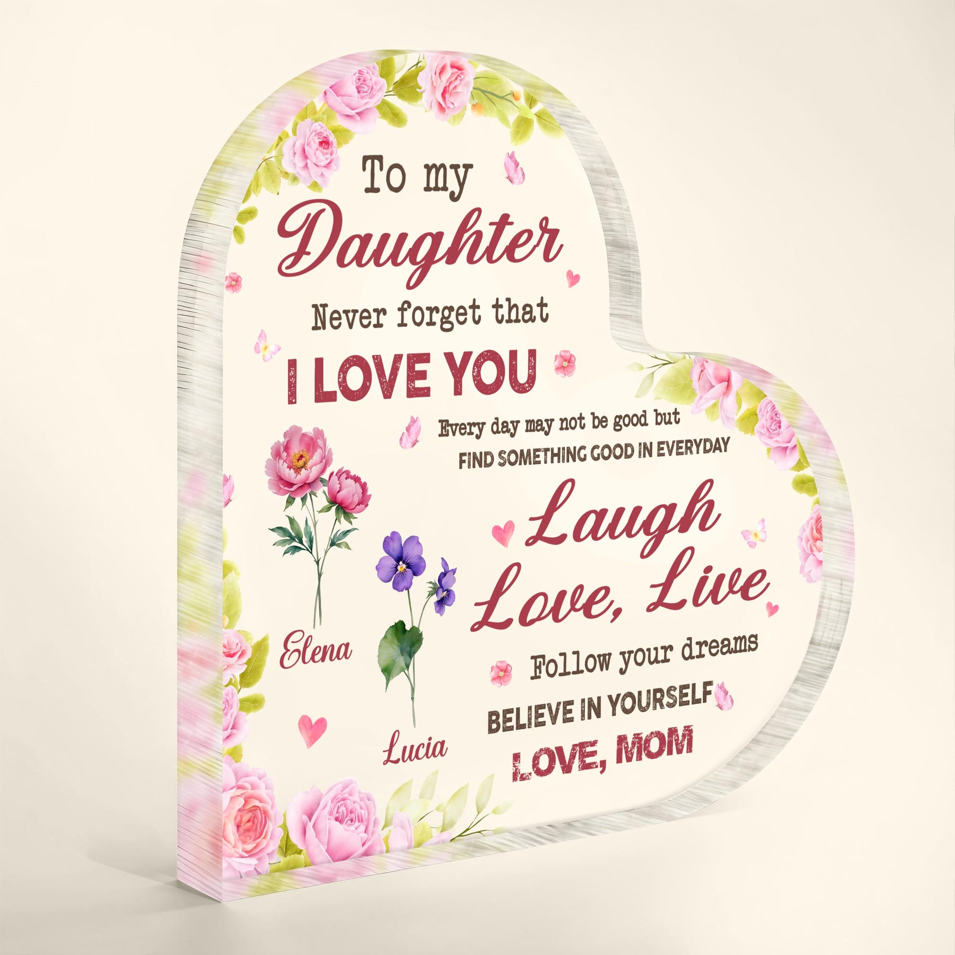 Love You Daughter, Laugh Love Live Believe, Heart Shaped Plaque