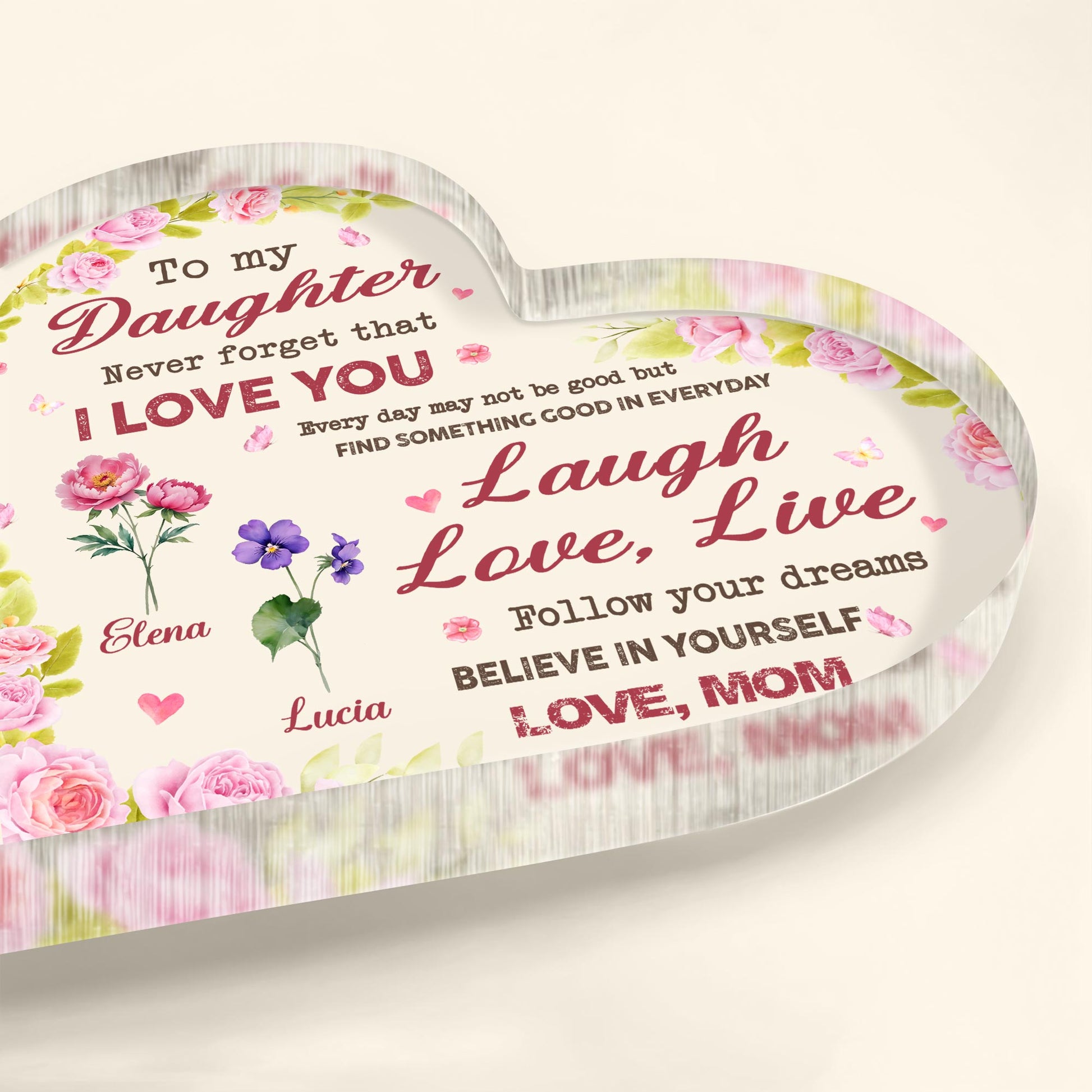Love You Daughter, Laugh Love Live Believe, Heart Shaped Plaque