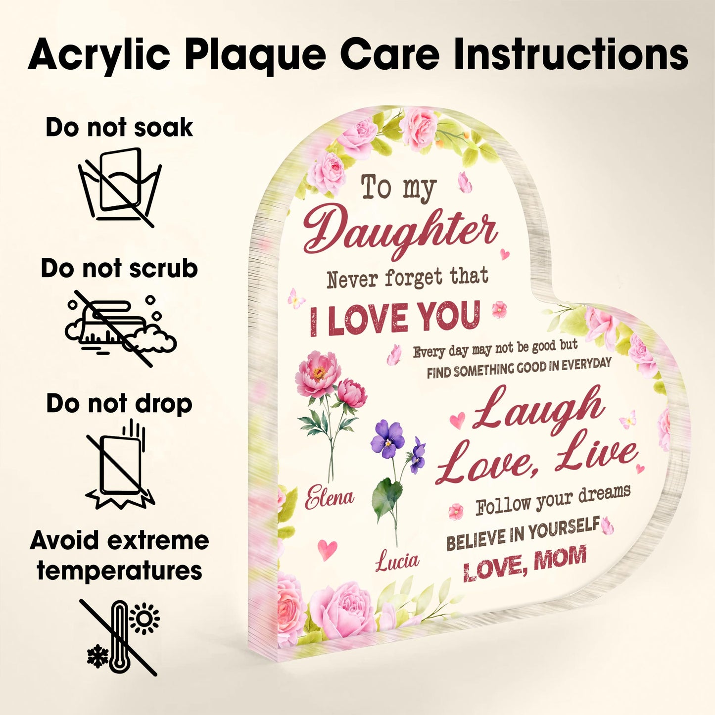 Love You Daughter, Laugh Love Live Believe, Heart Shaped Plaque