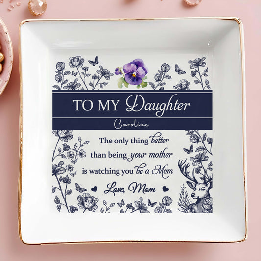 To My Daughter Caroline, Butterflies, Flowers And Deer - Personalized Custom Jewelry Dish, Square Ceramic Dish - DAU158_SCRD