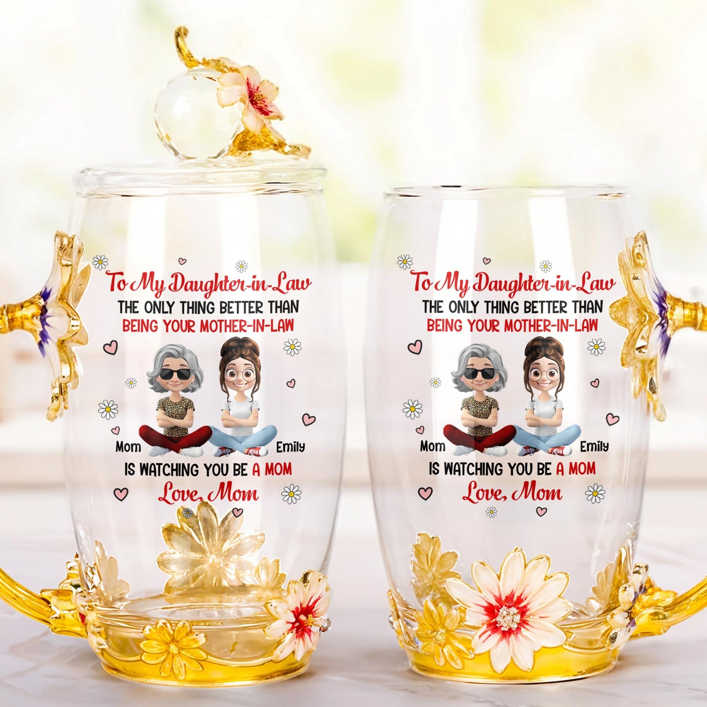 À ma belle-fille, la seule chose qui soit meilleure que d'être ta belle-mère, Fleurs et cœurs - Tasse à thé en émail personnalisée - DAU168_TECU