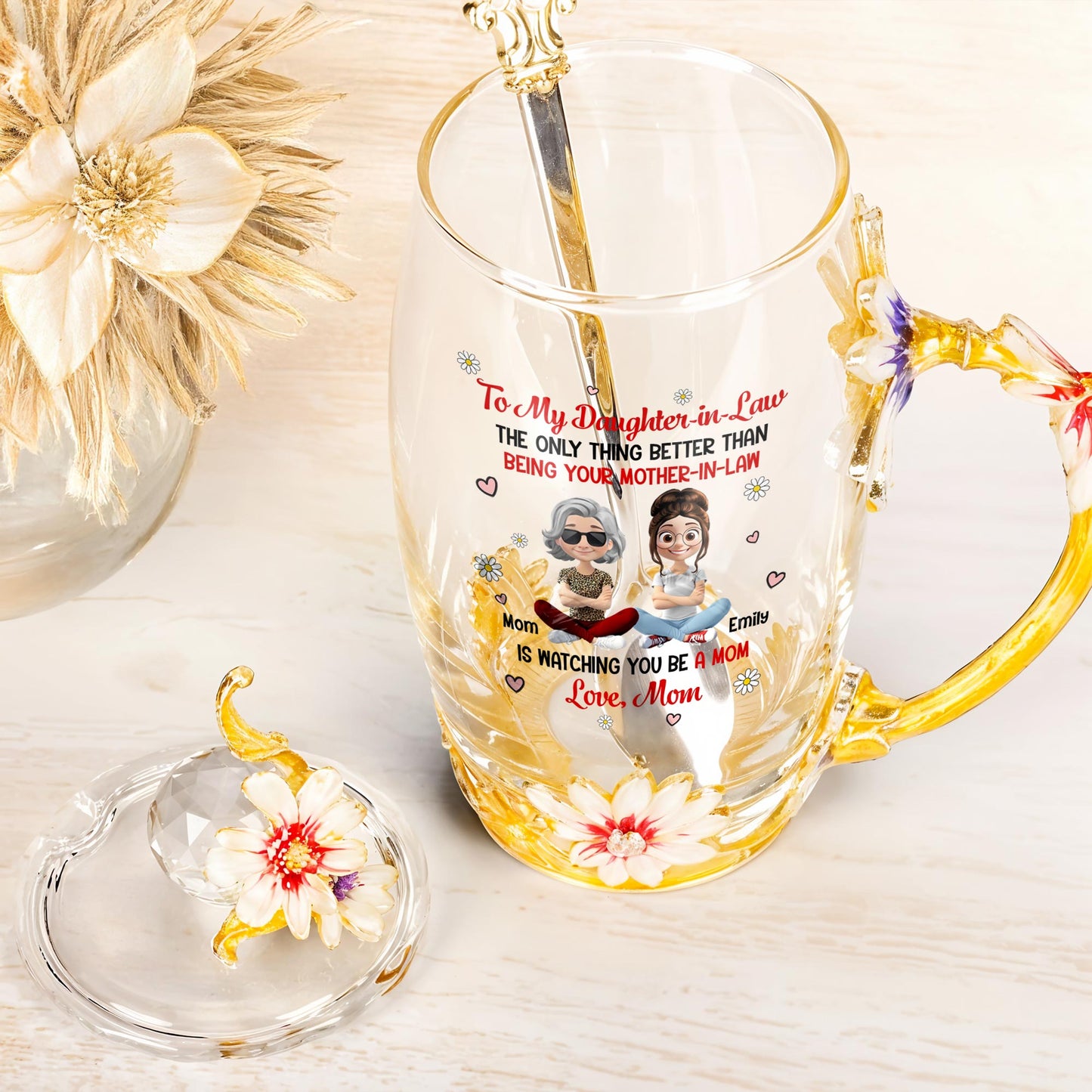 À ma belle-fille, la seule chose qui soit meilleure que d'être ta belle-mère, Fleurs et cœurs - Tasse à thé en émail personnalisée - DAU168_TECU