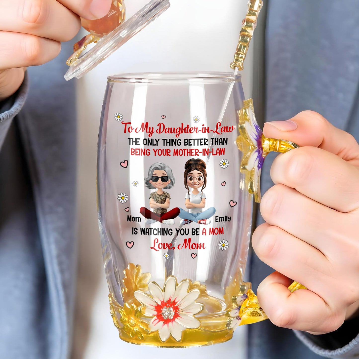 À ma belle-fille, la seule chose qui soit meilleure que d'être ta belle-mère, Fleurs et cœurs - Tasse à thé en émail personnalisée - DAU168_TECU