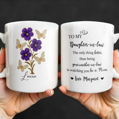 À ma belle-fille, la seule chose qui soit meilleure que d'être ta belle-mère, fleurs et papillons - Tasse à café personnalisée - DAU173_MG