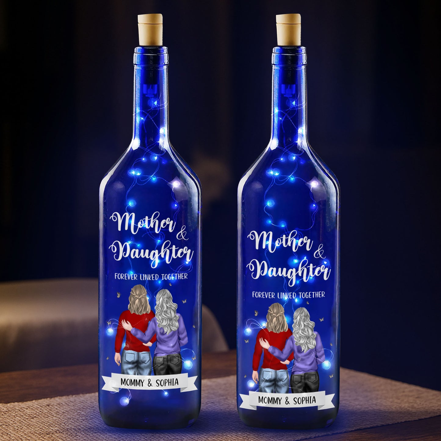 Mère et fille unies pour toujours – Lampe bouteille bleue personnalisée – DAU176_BBL