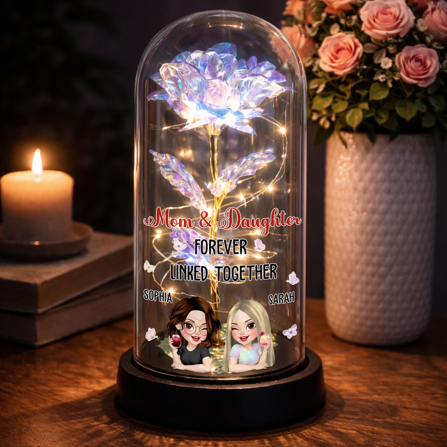 Mom & Daughter Forever Linked Together, Rose LED Lamp - Personalized Everlasting Rose Dome Lamp - DAU196_RLAMP