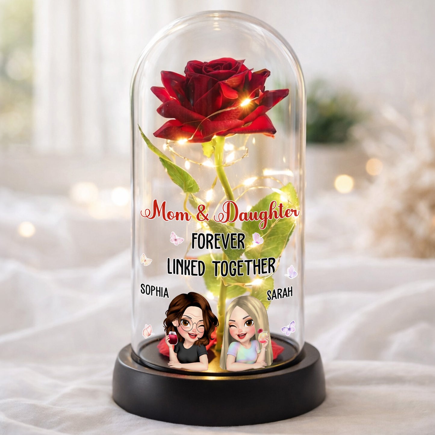 Mom & Daughter Forever Linked Together, Rose LED Lamp - Personalized Everlasting Rose Dome Lamp - DAU196_RLAMP