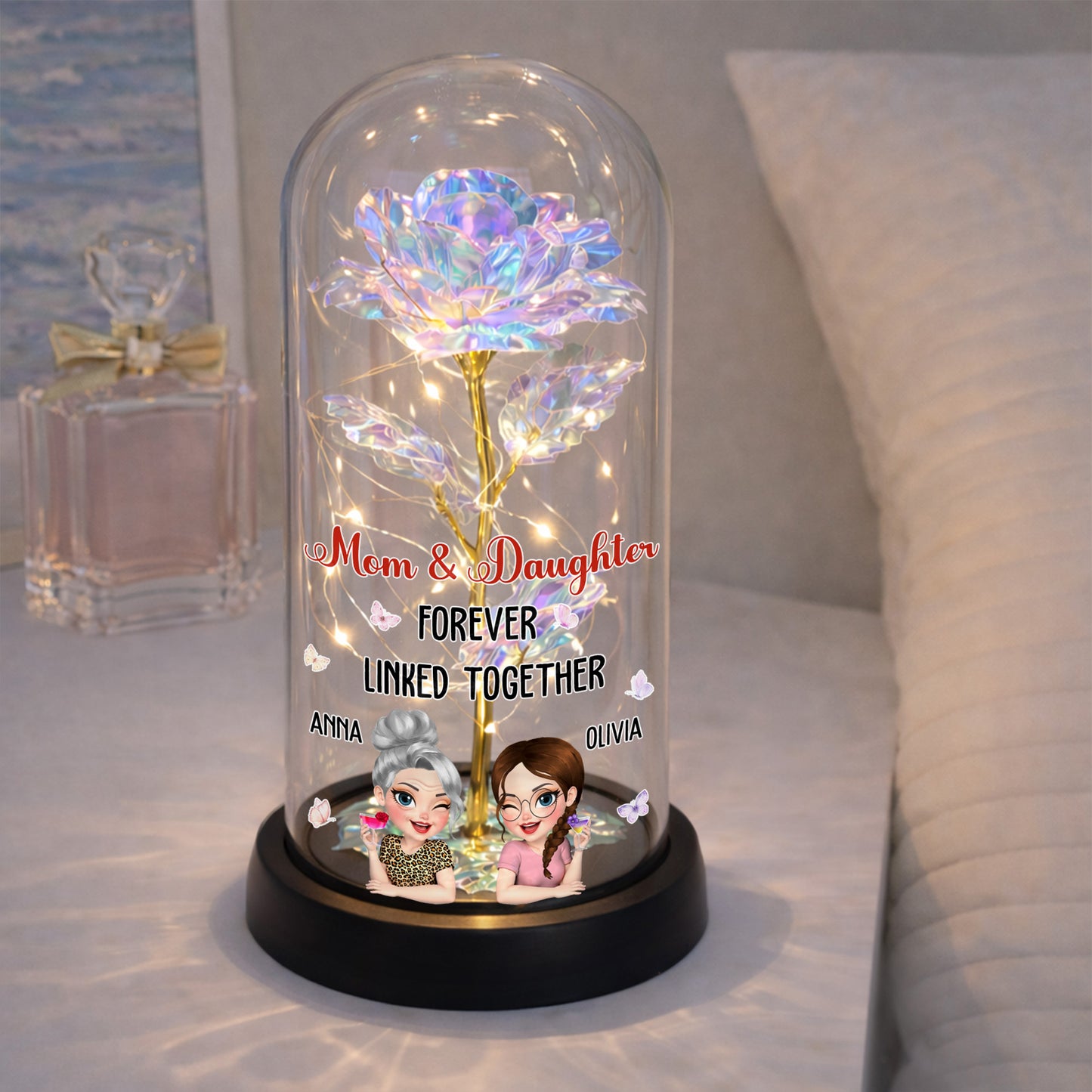 Mom & Daughter Forever Linked Together, Rose LED Lamp - Personalized Everlasting Rose Dome Lamp - DAU196_RLAMP