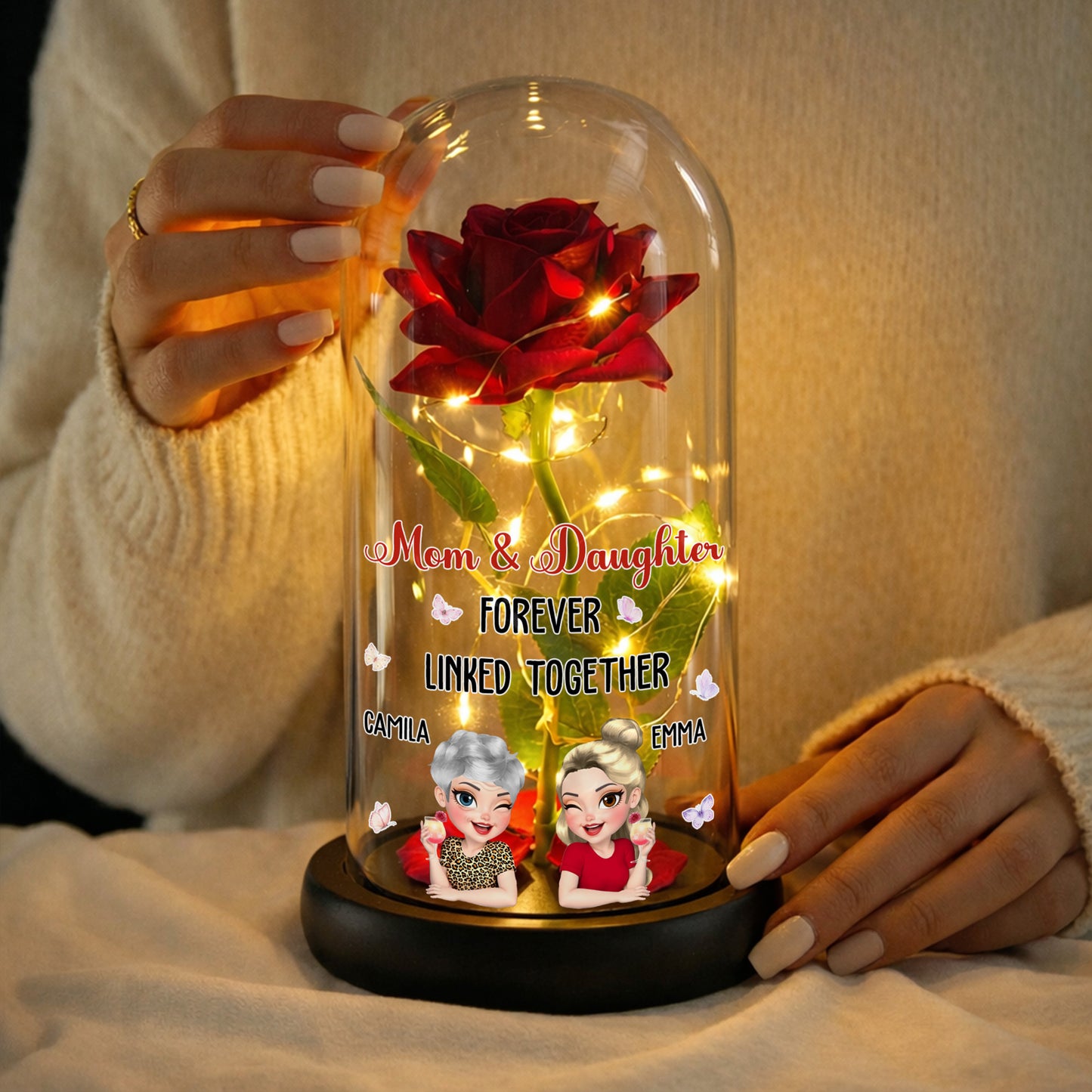 Mom & Daughter Forever Linked Together, Rose LED Lamp - Personalized Everlasting Rose Dome Lamp - DAU196_RLAMP