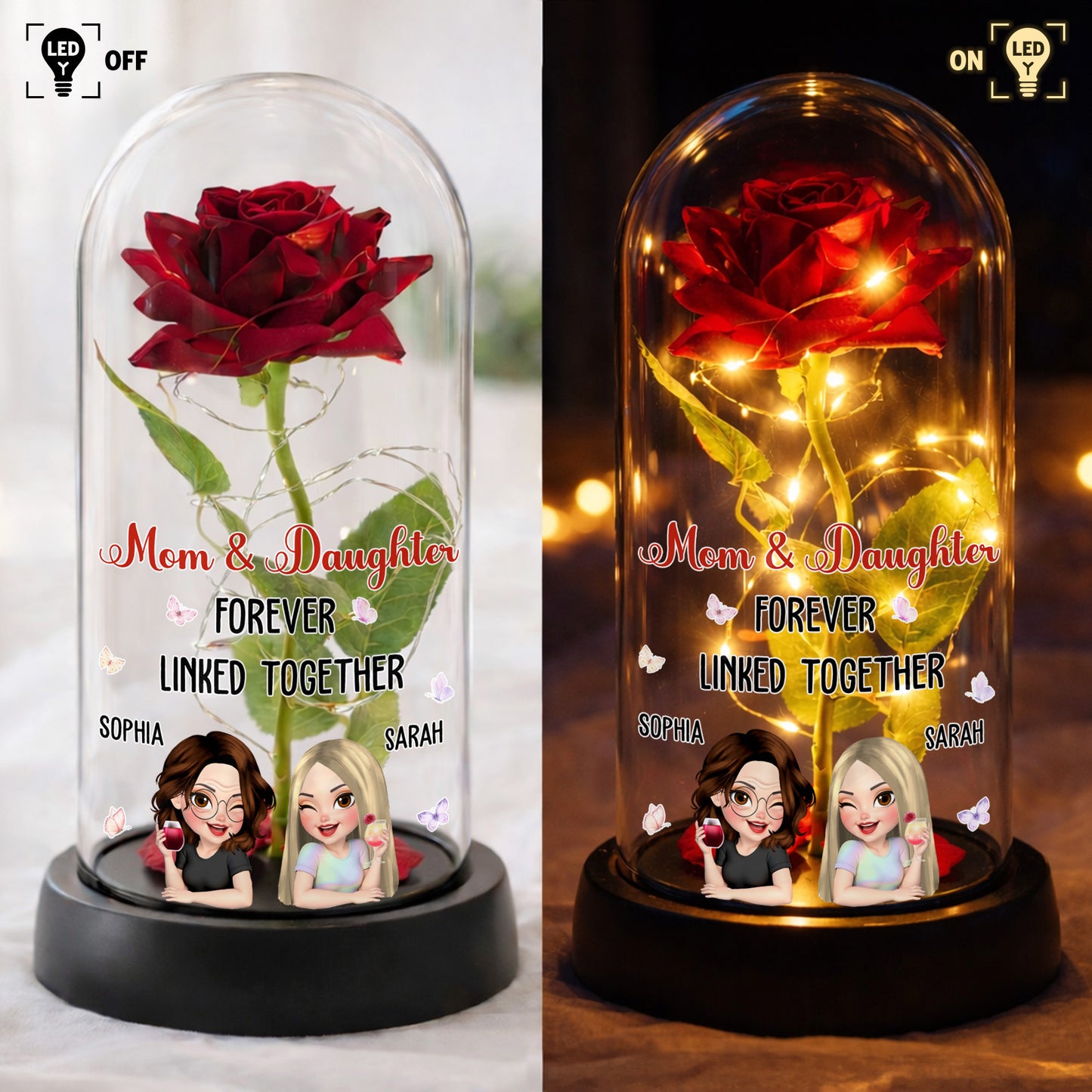 Mom & Daughter Forever Linked Together, Rose LED Lamp - Personalized Everlasting Rose Dome Lamp - DAU196_RLAMP