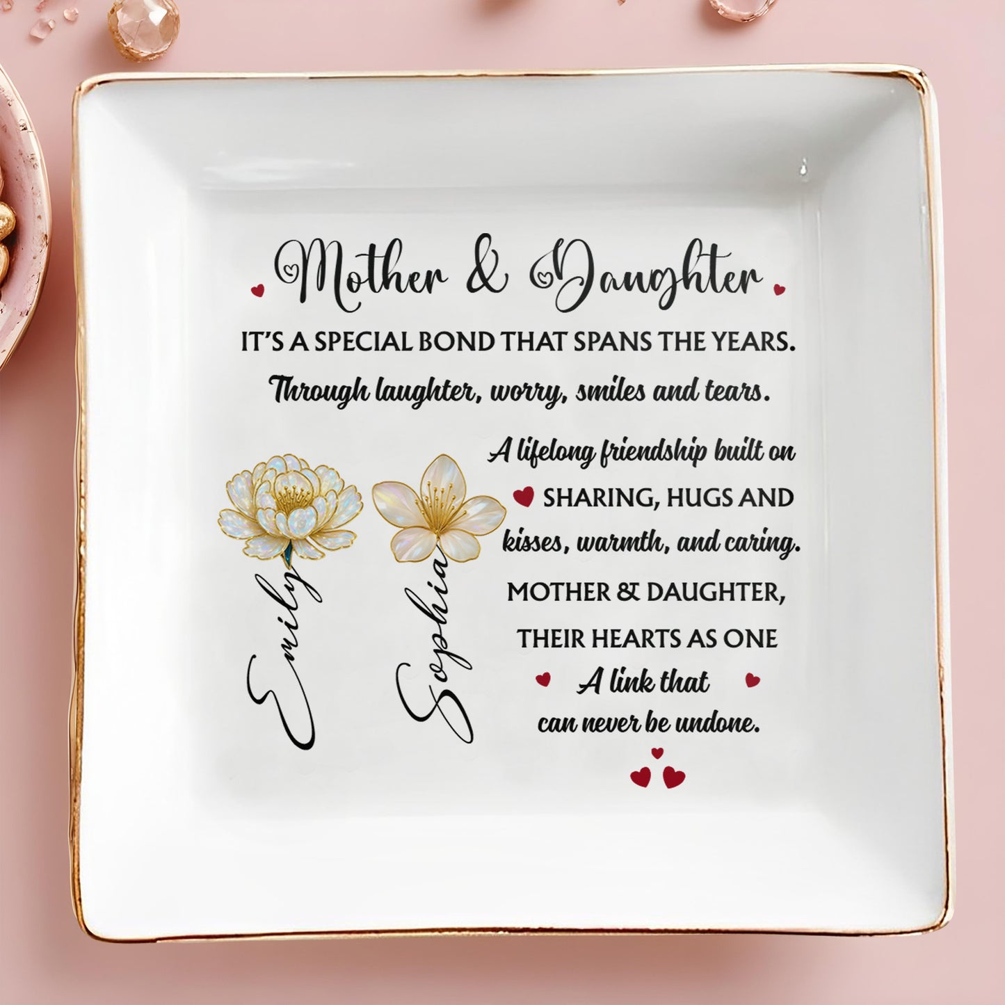 Mother & Daughter Special Bond With Flowers And Hearts - Personalized Custom Jewelry Dish, Square Ceramic Dish - DAU198_SCRD