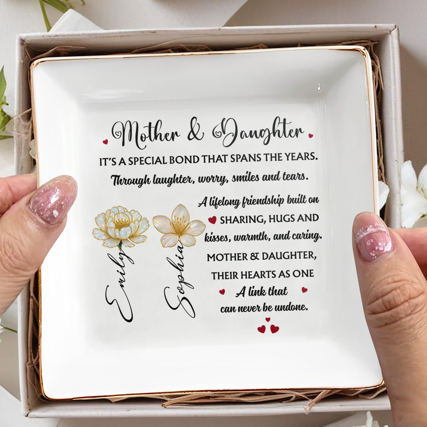 Mother & Daughter Special Bond With Flowers And Hearts - Personalized Custom Jewelry Dish, Square Ceramic Dish - DAU198_SCRD