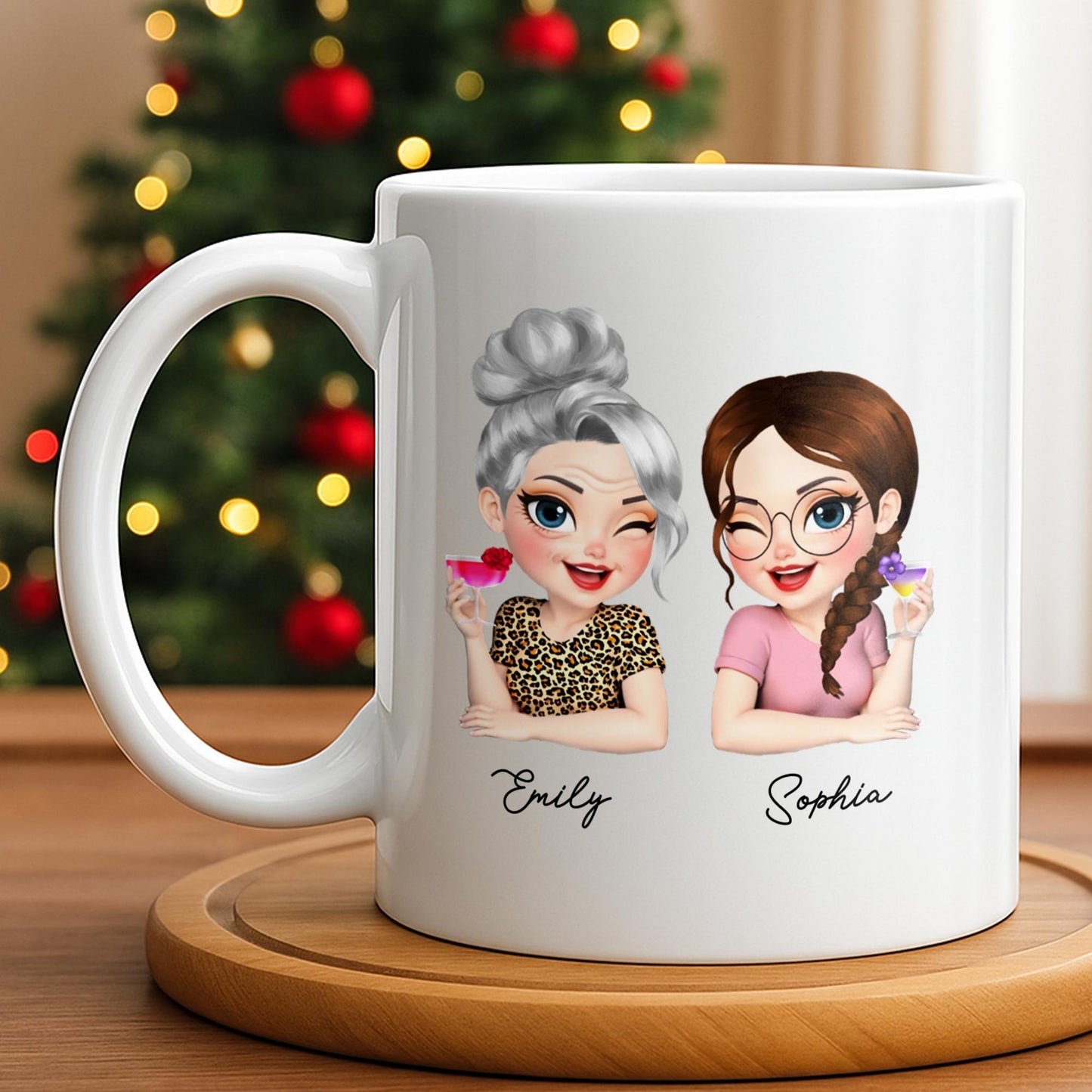 Custom Best Friends Caricature Coffee Mug With Flowers - Personalized Custom Coffee Mug - DAU248_MG