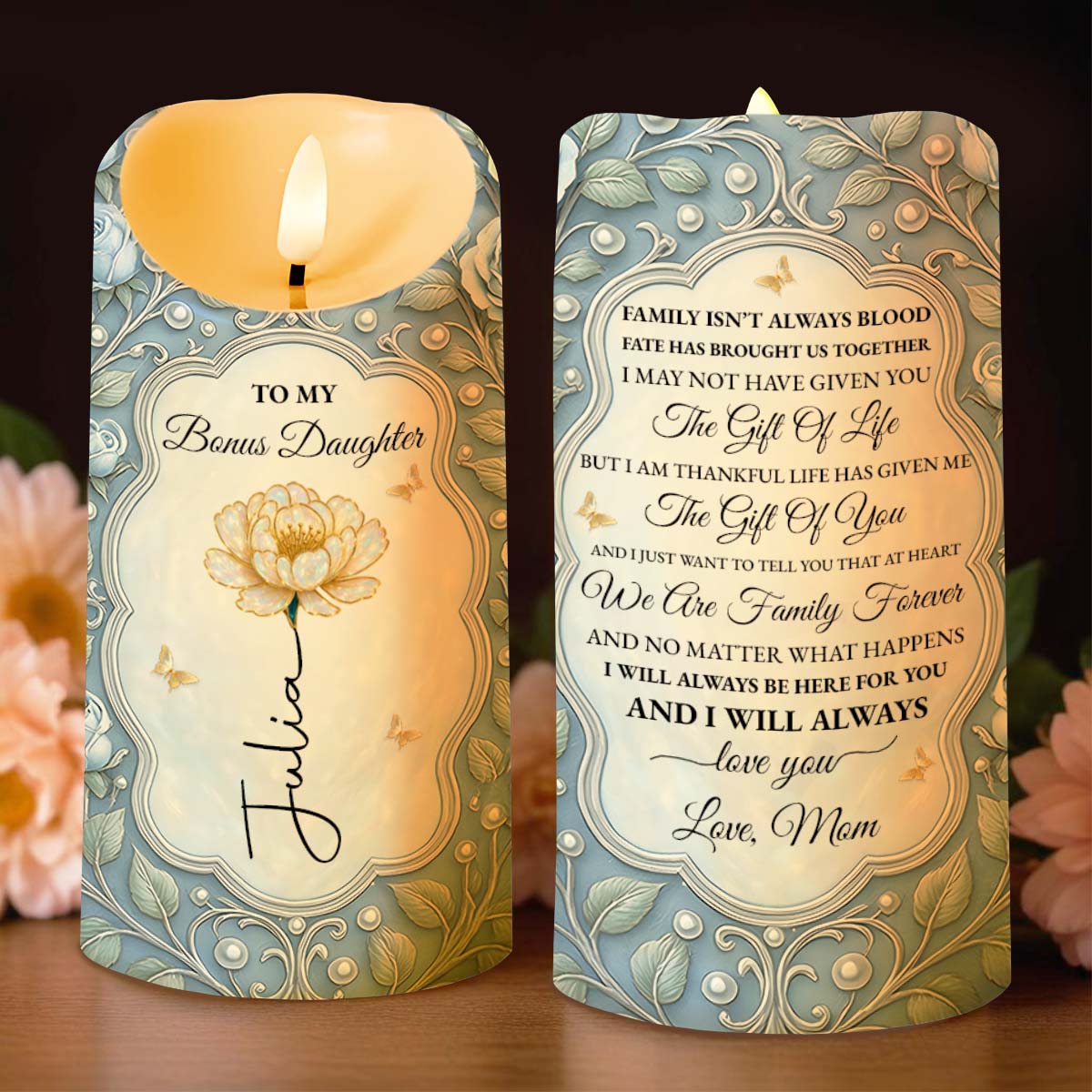 To My Bonus Daughter Flower Script Design Candle
