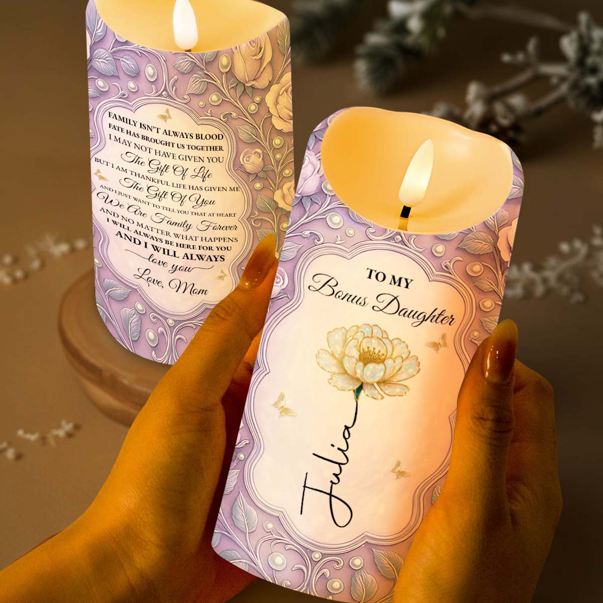 To My Bonus Daughter Flower Script Design Candle