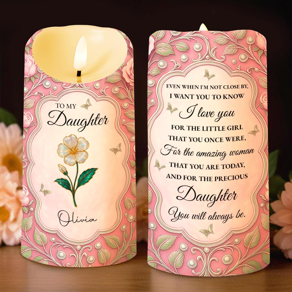 To My Daughter, Flowers And Butterflies Personalized Candle