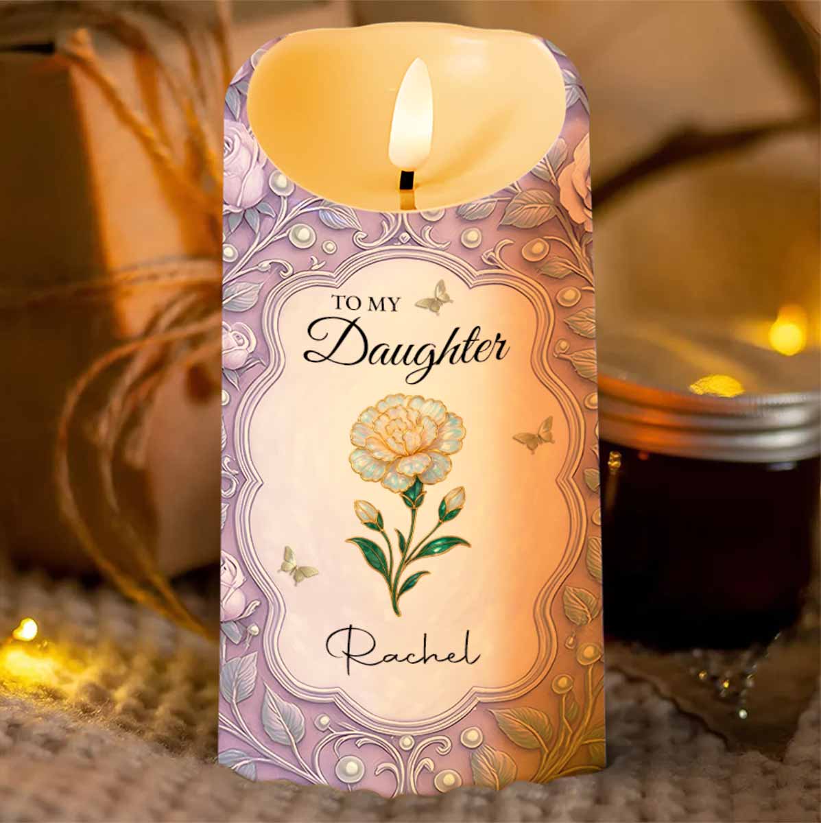 To My Daughter, Flowers And Butterflies Personalized Candle