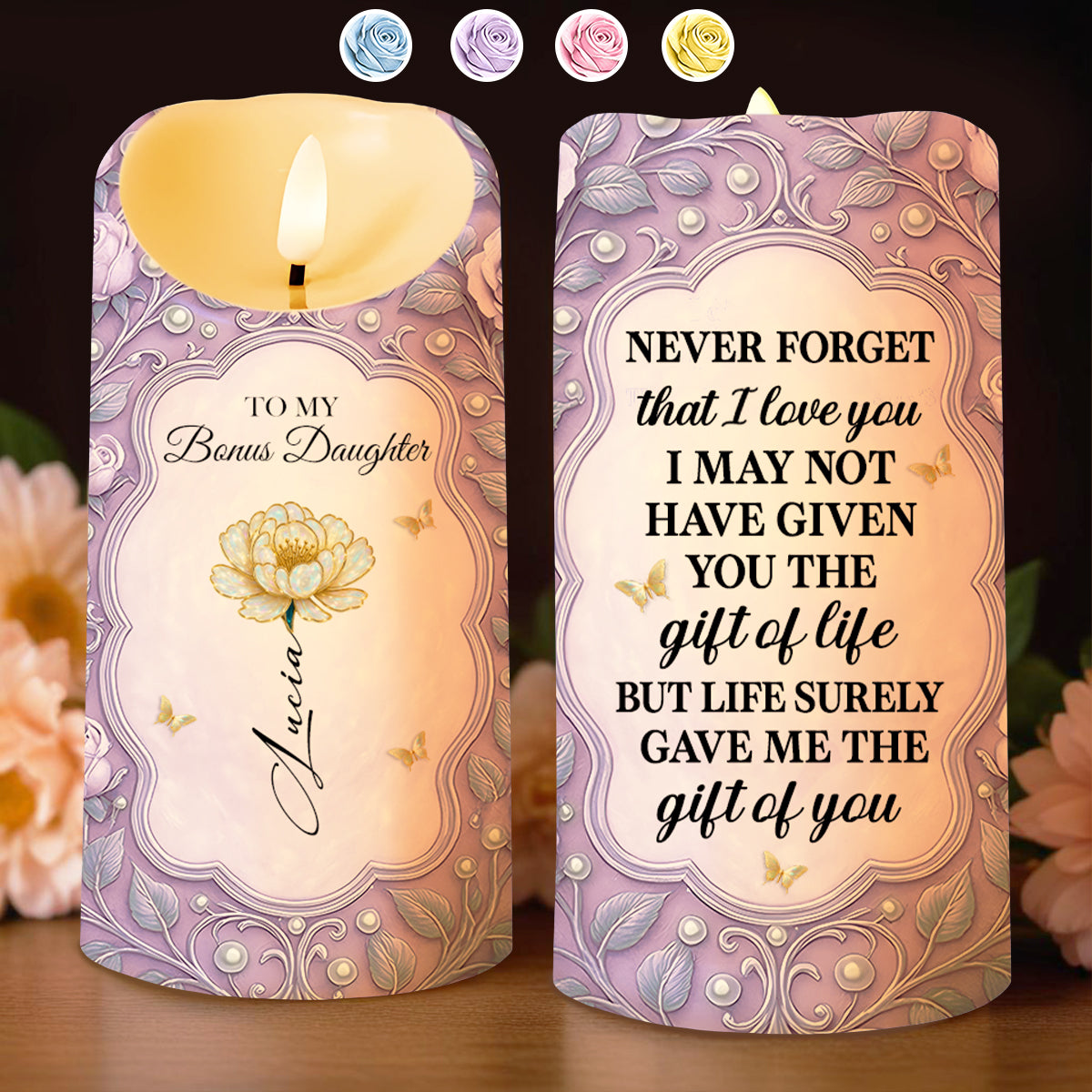 To My Bonus Daughter, Love and Flowers LED Candle