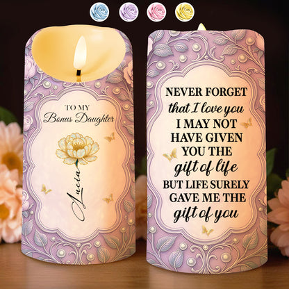 To My Bonus Daughter, Love and Flowers LED Candle