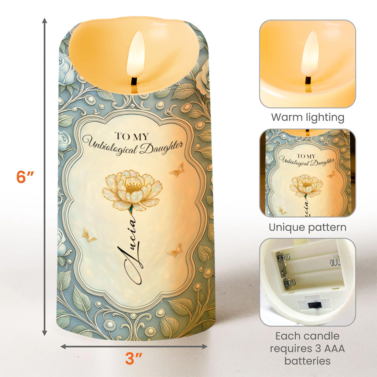 To My Bonus Daughter, Love and Flowers LED Candle