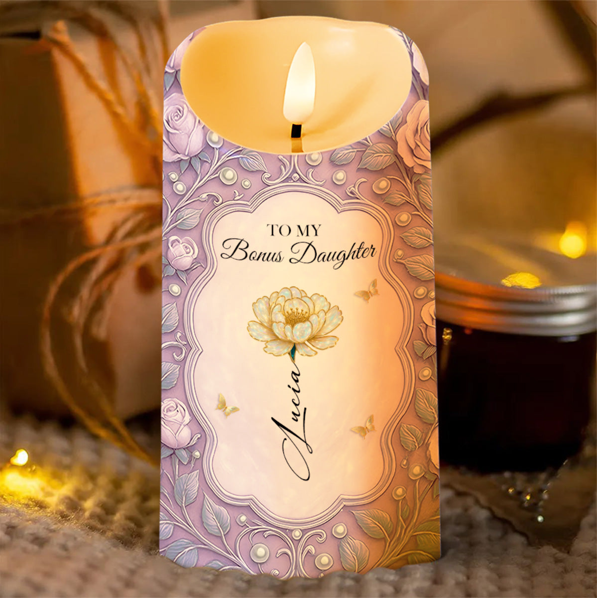 To My Bonus Daughter, Love and Flowers LED Candle