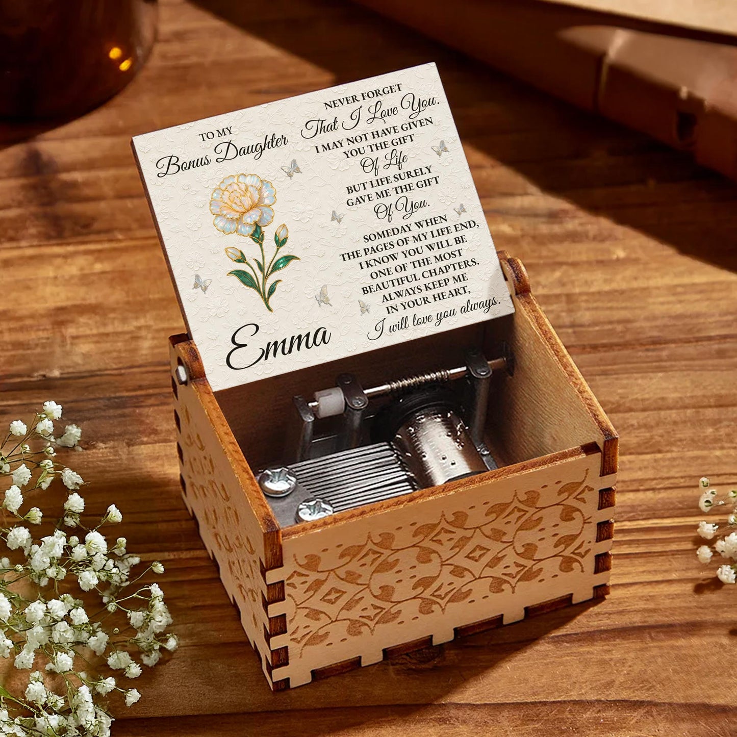 To My Bonus Daughter Love Message With Flower and Butterflies - Custom Music Box With "You Are My Sunshine" Tune - DAU265_MZB