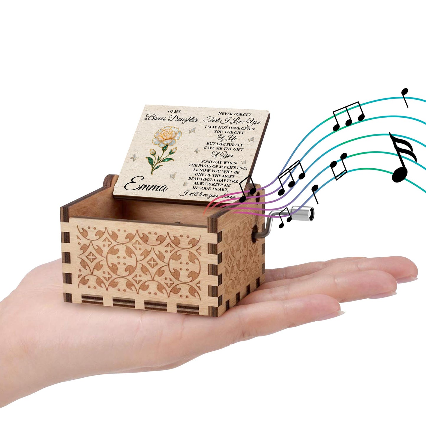 To My Bonus Daughter Love Message With Flower and Butterflies - Custom Music Box With "You Are My Sunshine" Tune - DAU265_MZB