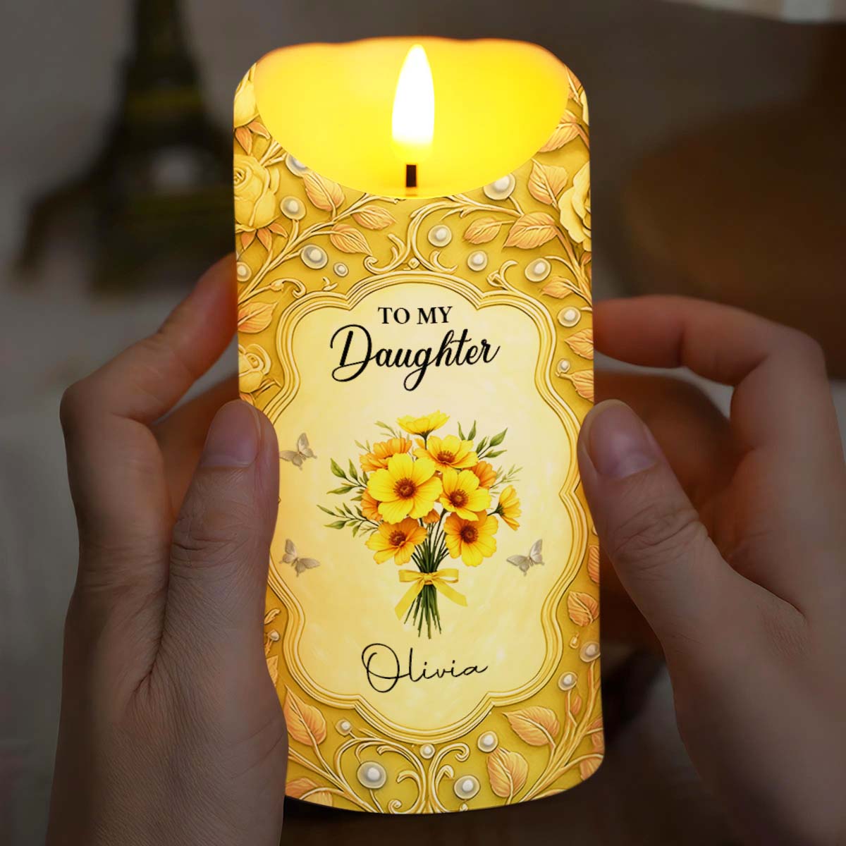 To My Daughter, Candle With Flowers And Hearts