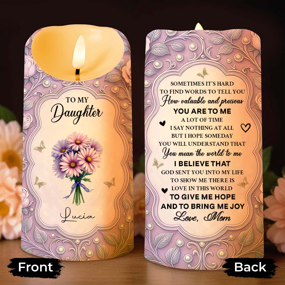 To My Daughter, Candle With Flowers And Hearts