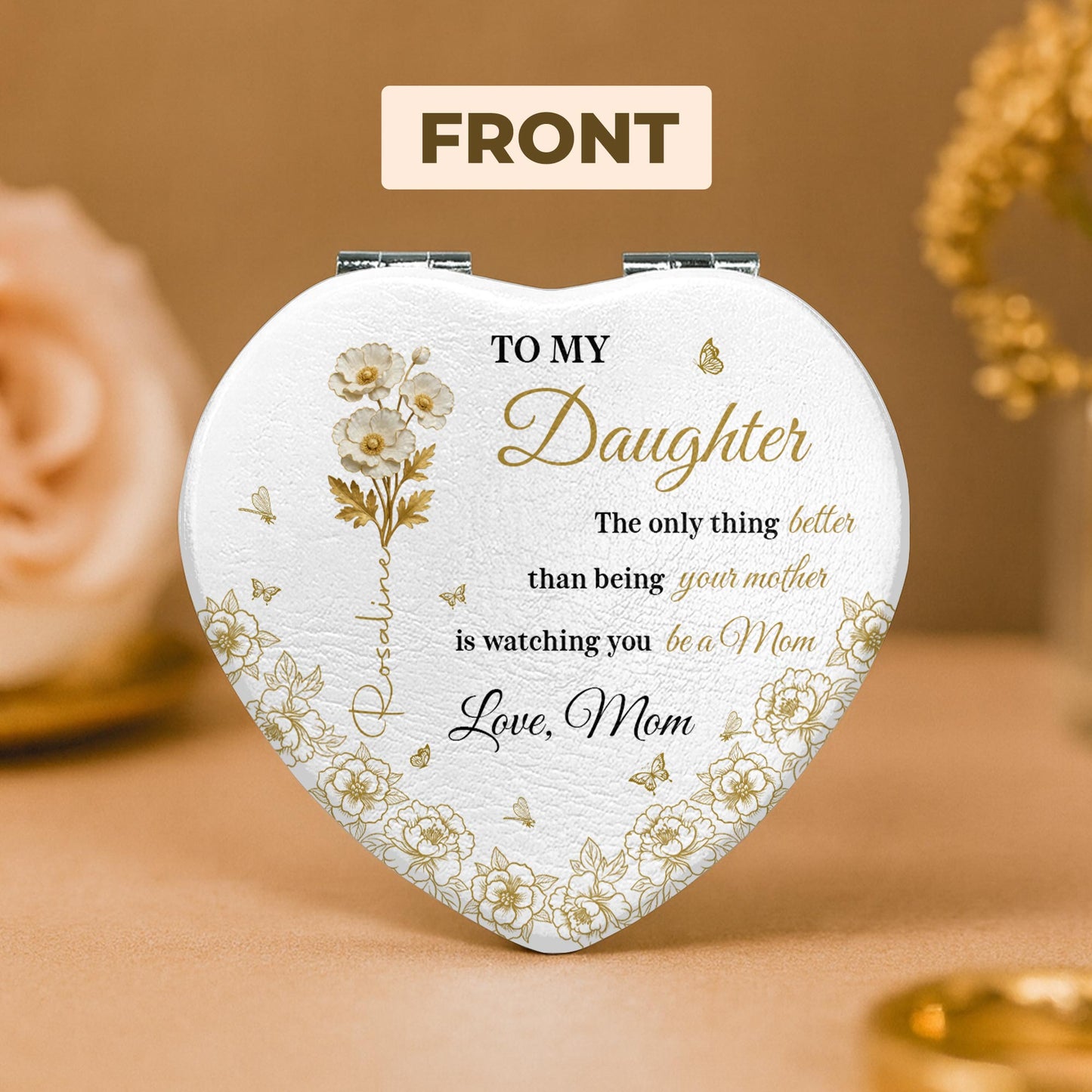 To My Daughter, Love From Mom, Butterflies And Flowers - Custom Heart Compact Mirror - DAU288_HCOM