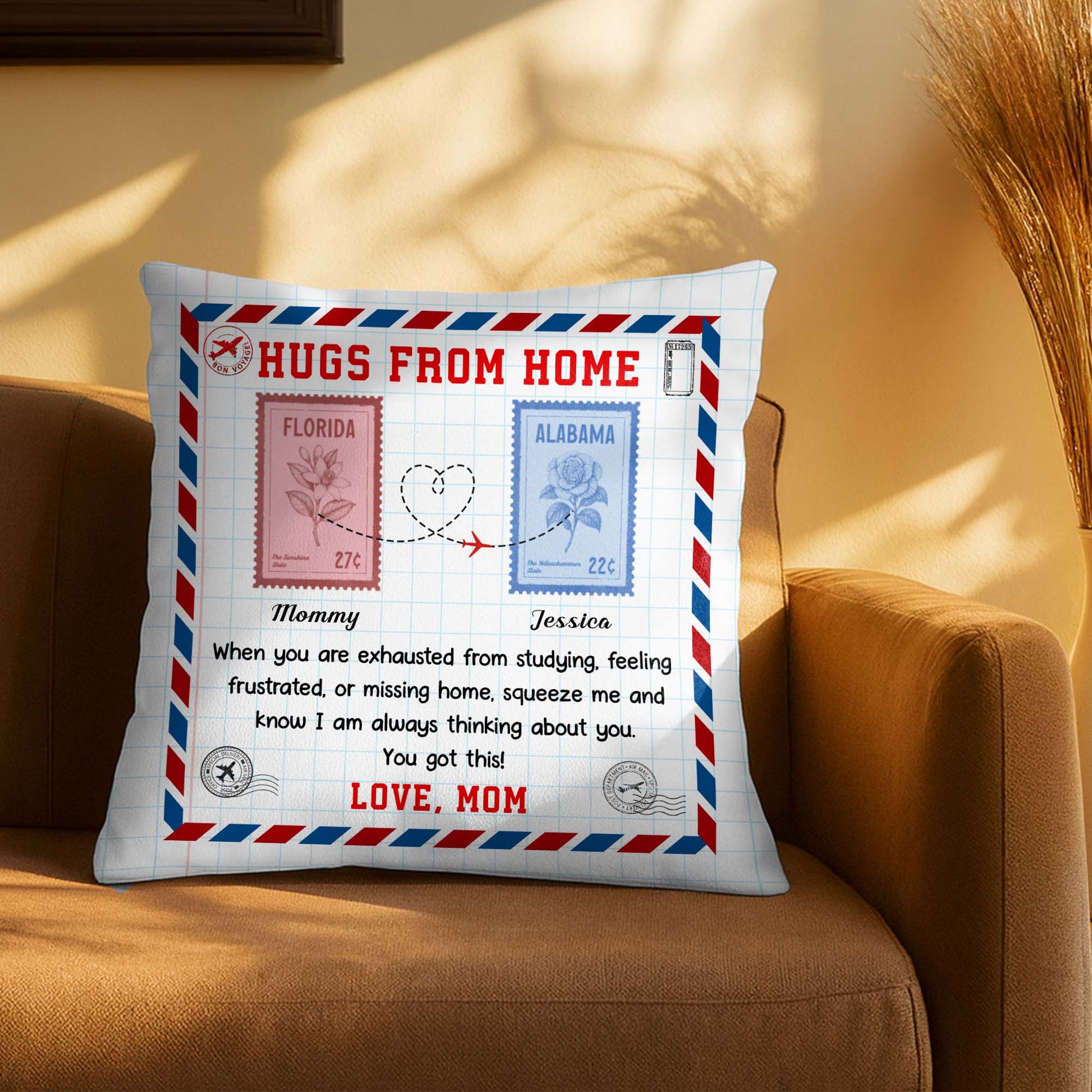 Hugs from Home, Love Message with Postage Stamps Design