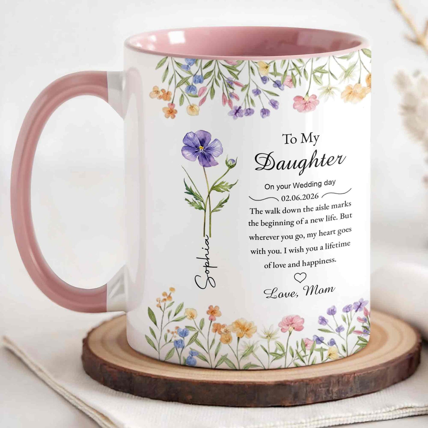 To My Daughter On Your Wedding Day Purple Flower Heart Design - Personalized Custom Accent Mug - DAU322_AMUG