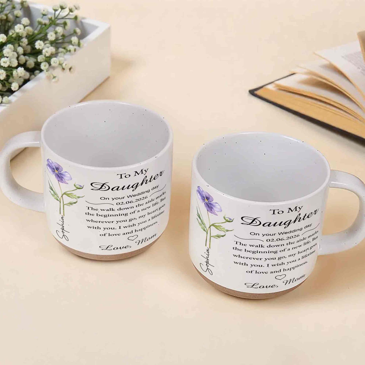 To My Daughter On Your Wedding Day With Birth Month Flower - Personalized Pottery Mug, White Color - DAU322_PMGW