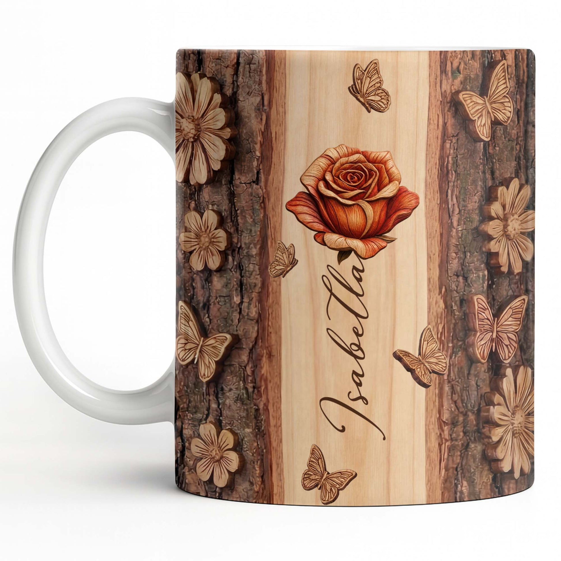 A Beautiful Rose In Full Bloom With Butterflies And Wood Texture