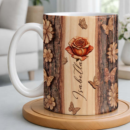 A Beautiful Rose In Full Bloom With Butterflies And Wood Texture