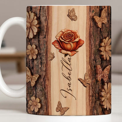 A Beautiful Rose In Full Bloom With Butterflies And Wood Texture
