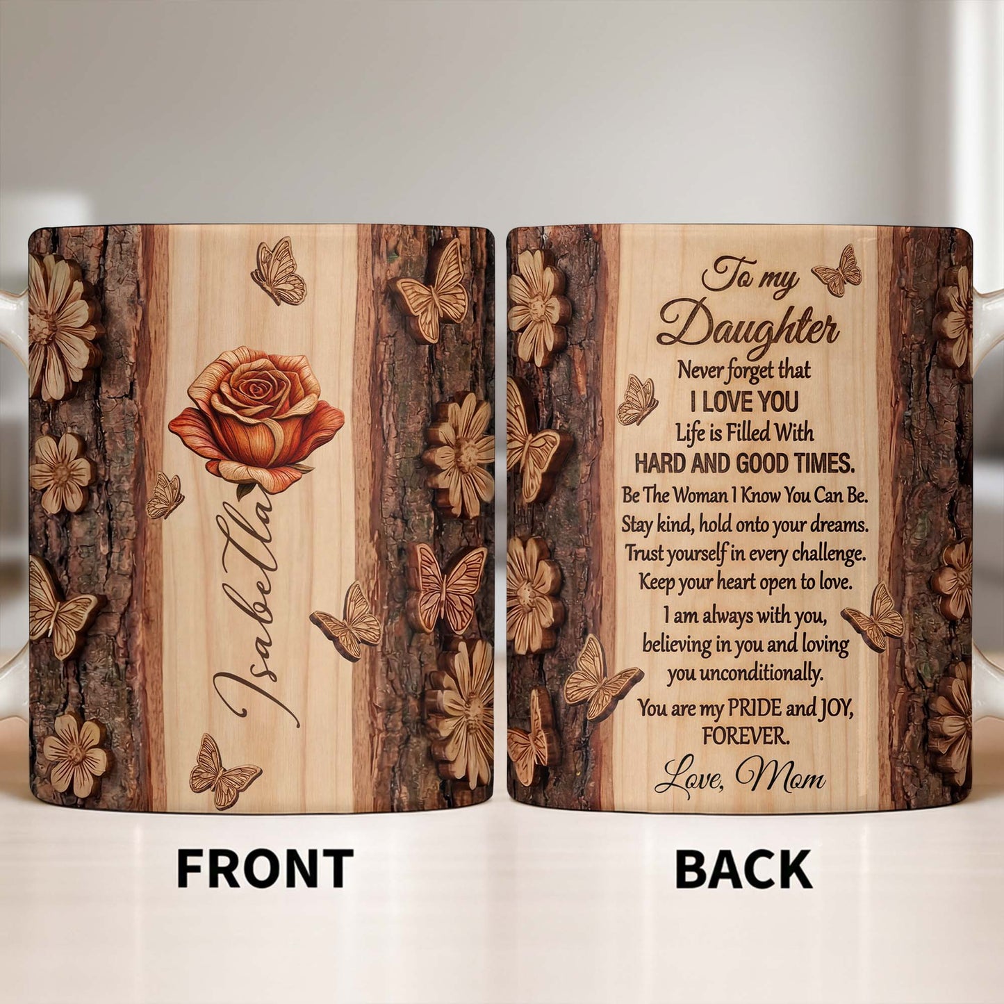 A Beautiful Rose In Full Bloom With Butterflies And Wood Texture