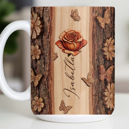 A Beautiful Rose In Full Bloom With Butterflies And Wood Texture