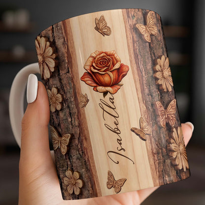 A Beautiful Rose In Full Bloom With Butterflies And Wood Texture