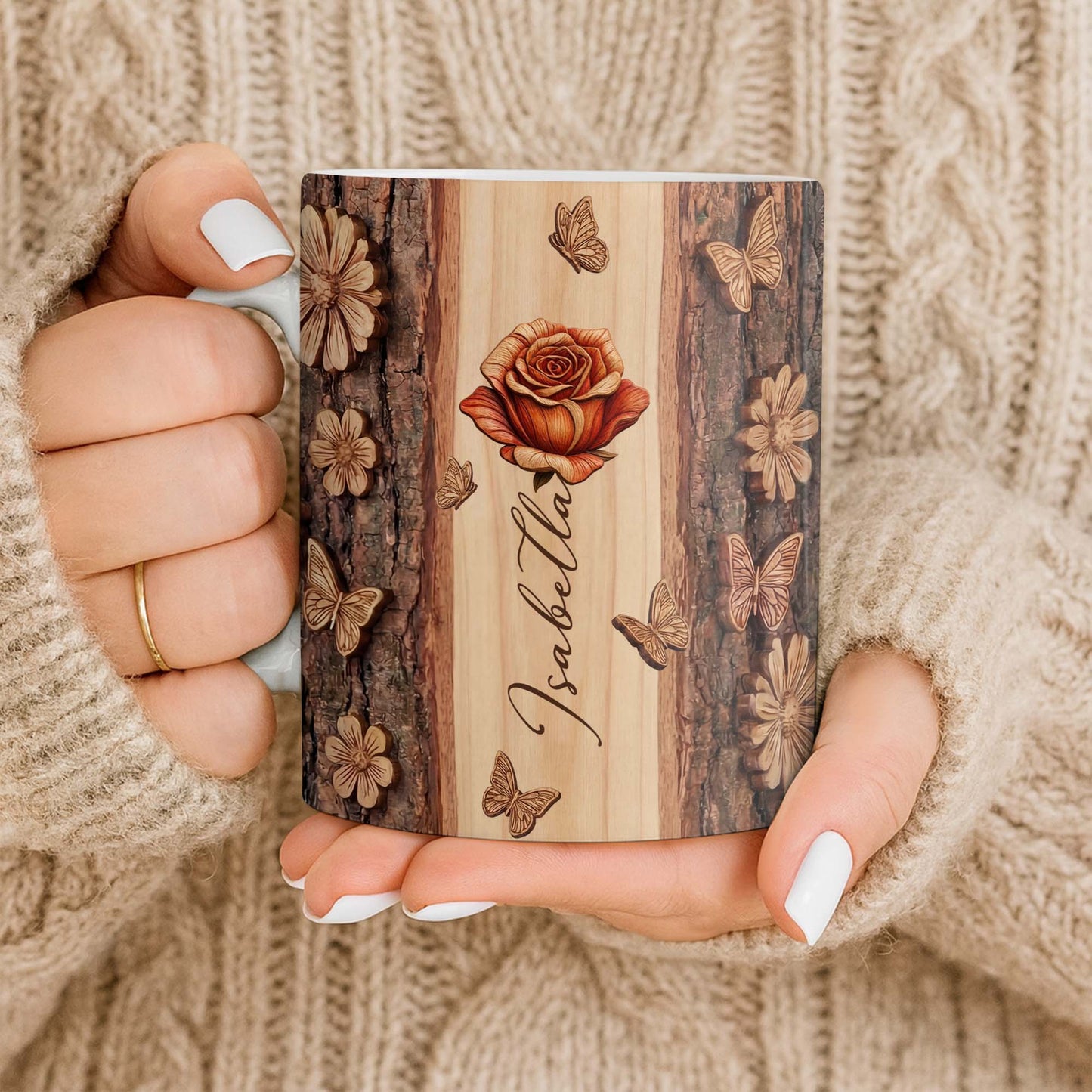 A Beautiful Rose In Full Bloom With Butterflies And Wood Texture