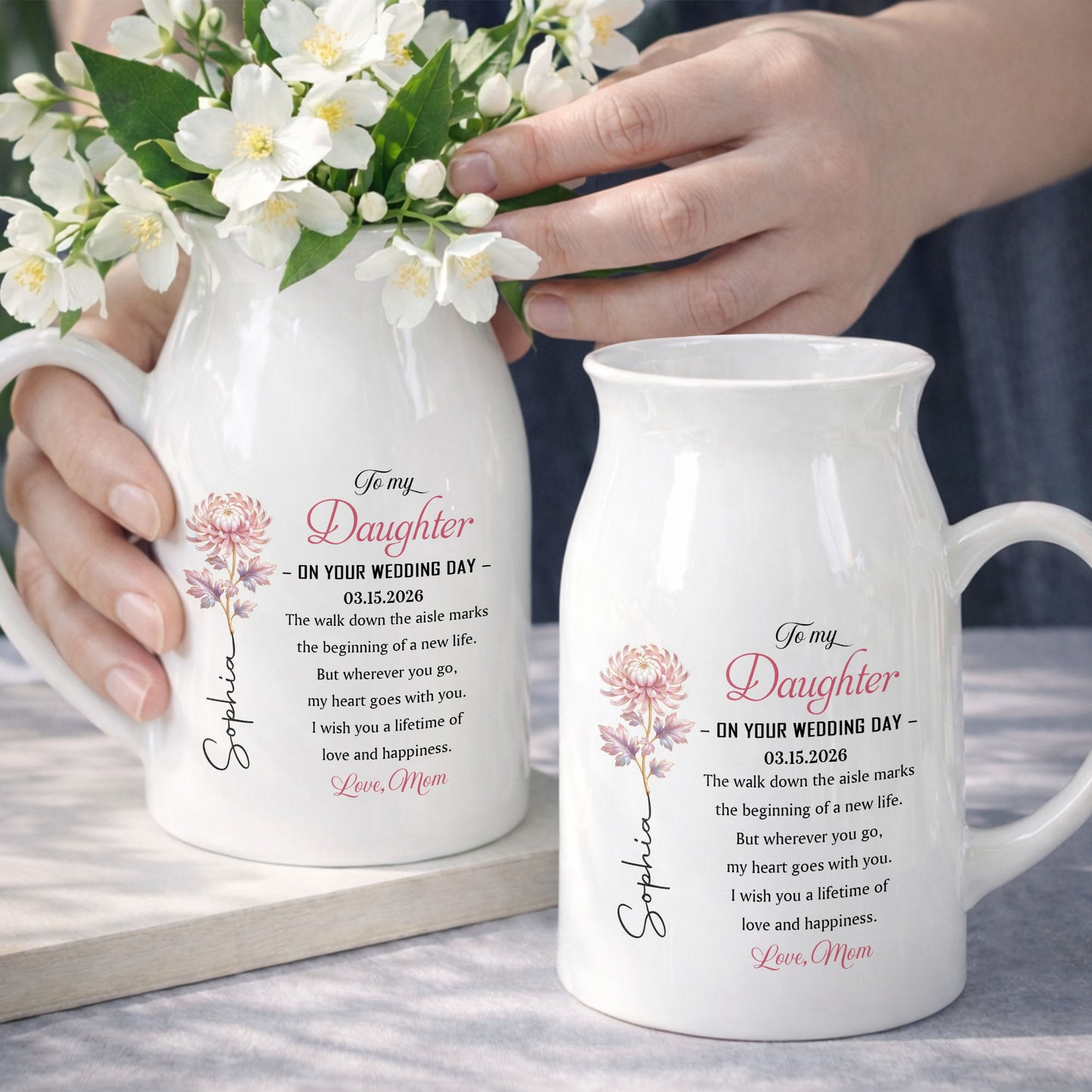 To My Daughter On Your Wedding Day Birth Month Flower - Personalized Ceramic Flower Vase - DAU354_CEV
